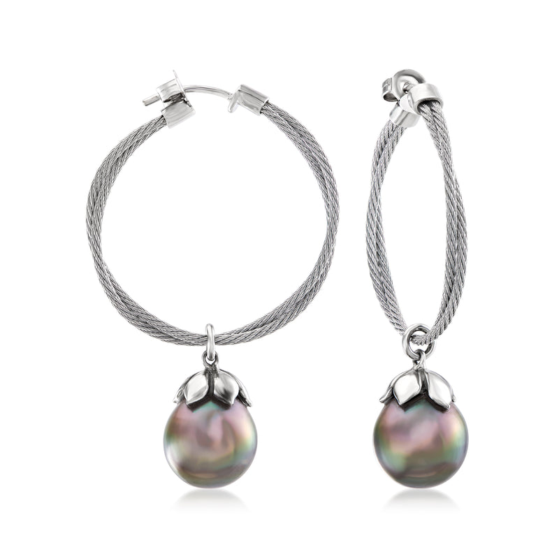 Silver-tone hoop drop earrings with iridescent pearl dangle