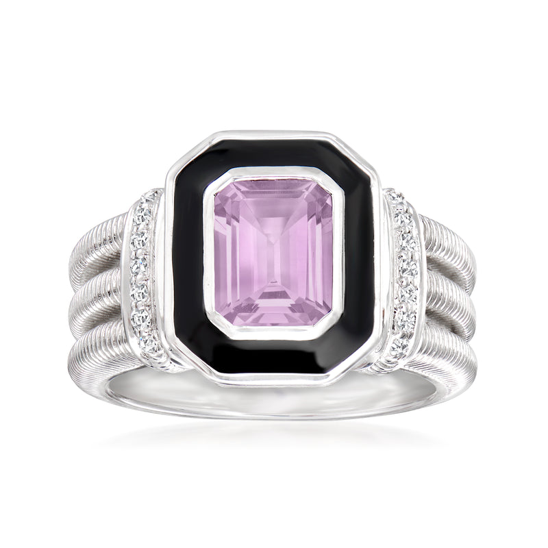 Sterling silver amethyst ring with black enamel octagon and diamond accents