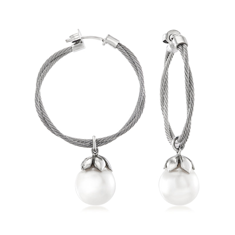 Gray stainless steel hoop drop earrings with white pearl dangles and leaf-like charms