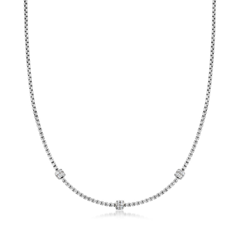 Barrel station diamond necklace on stainless steel chain with white gold accents