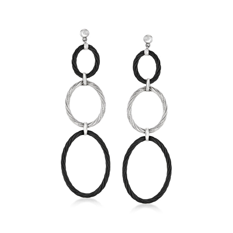Black and gray oval cable drop earrings with silver-tone connector and hooks