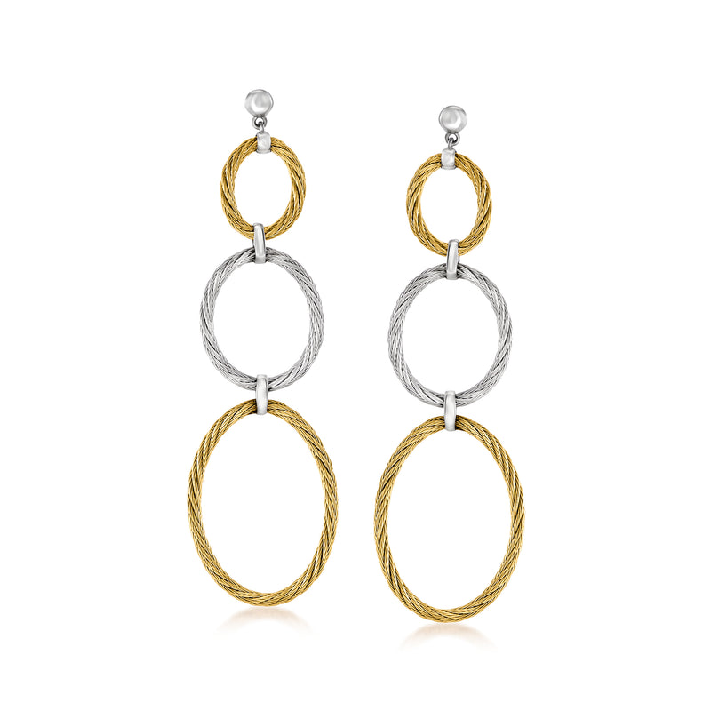 Multi-oval drop earrings with silver and gold-tone twisted rings, dangling pair