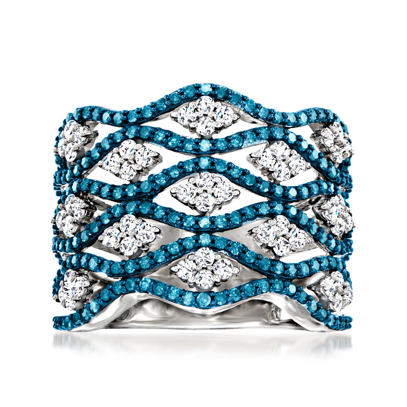 Sterling silver diamond basketweave ring with blue and white round stones