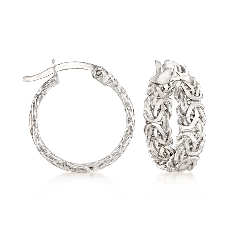 Small sterling silver Byzantine hoop earrings with textured chain links