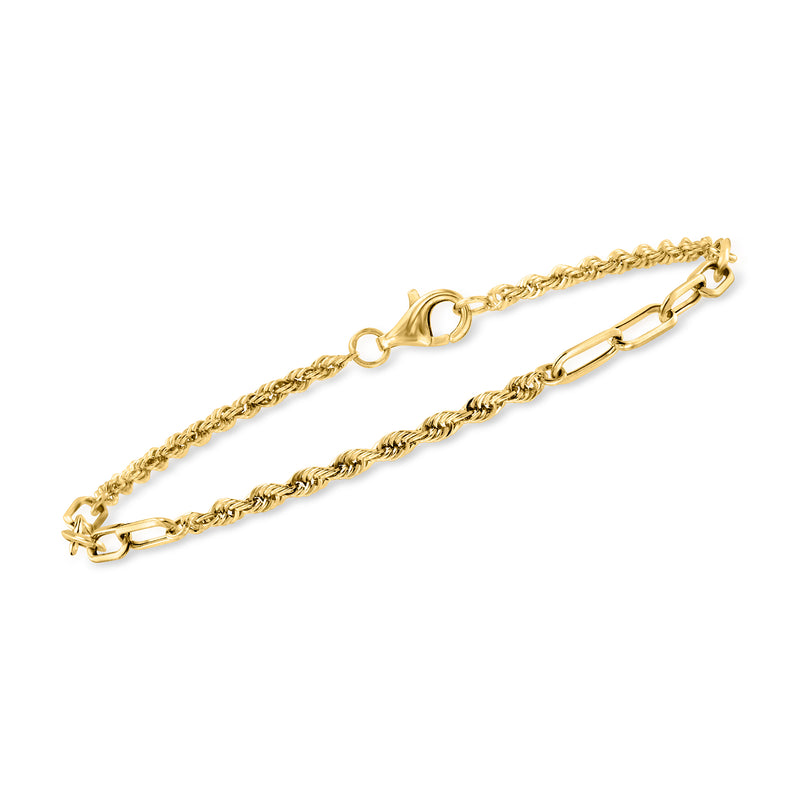 14kt yellow gold rope chain with paper clip link bracelet, lobster clasp