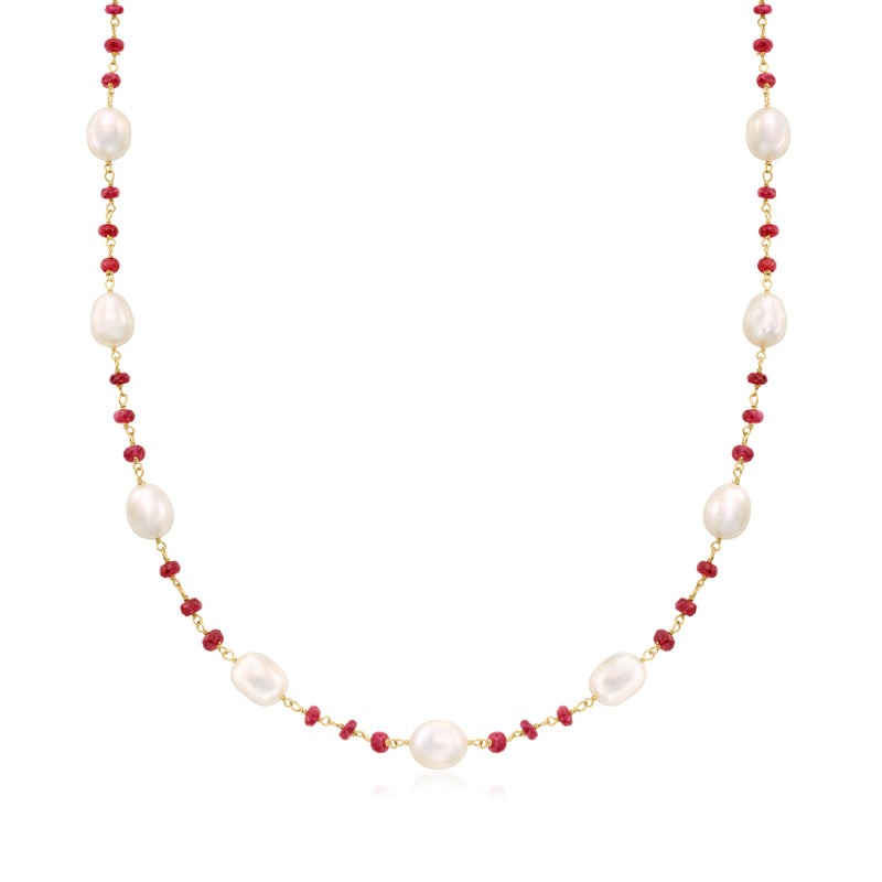 Cultured pearl and ruby beaded station necklace with gold-tone chain