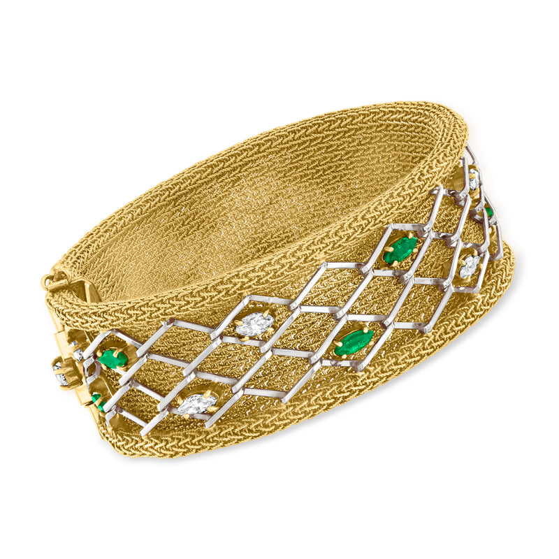 Two-tone gold lattice bracelet with green emerald squares and diamond accents.