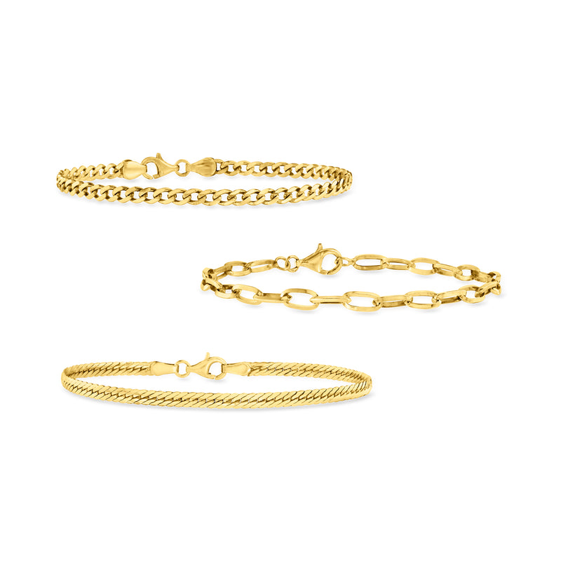 Gold over sterling link bracelet set, three chain styles with clasp closures