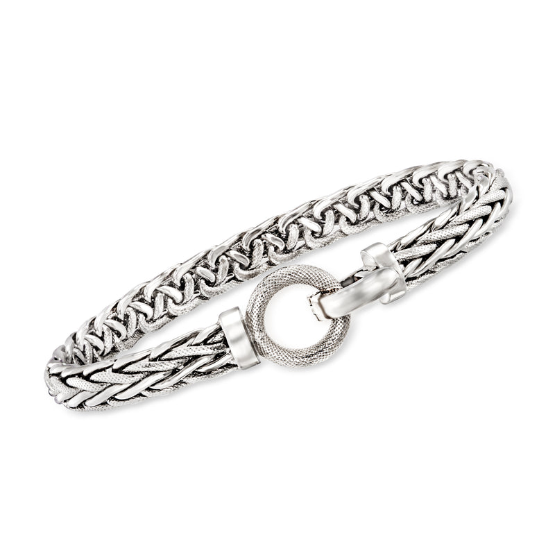 Silver wheat-link textured polished bracelet with lobster clasp and ring closure