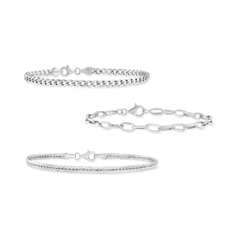 Set of three silver-tone chain-link bracelets with lobster clasp and extender rings