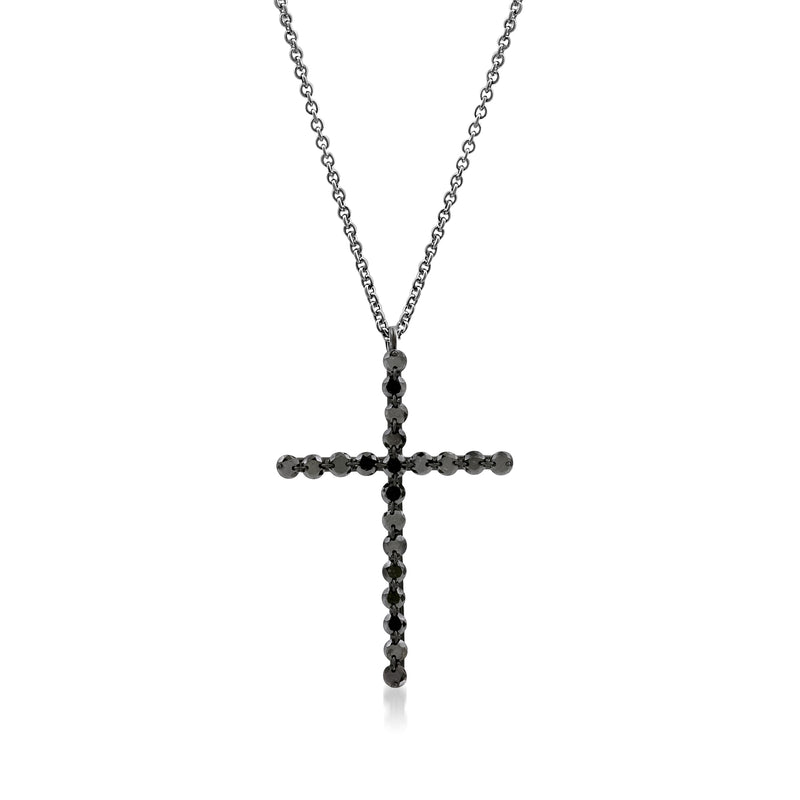 Black diamond cross pendant necklace in 18kt white gold with linked chain