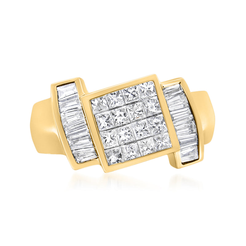 14kt yellow gold geometric diamond ring with rectangular center and baguette side stones