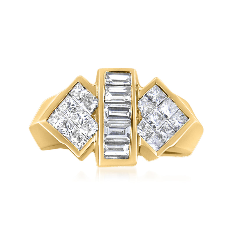 14kt yellow gold geometric ring with channel-set baguette diamonds and side diamond panels