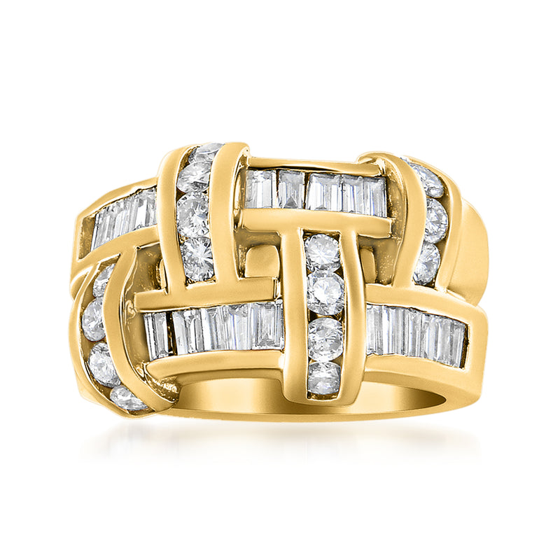 14kt yellow gold channel-set diamond woven ring, baguette and round stones