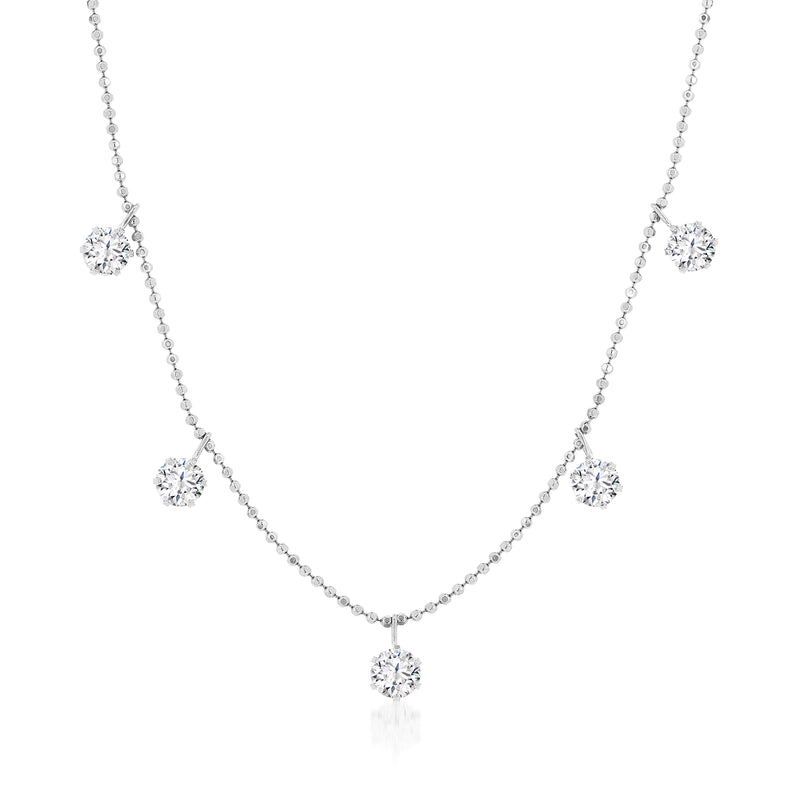 18kt white gold five-stone diamond dangle necklace with five round prong-set stones