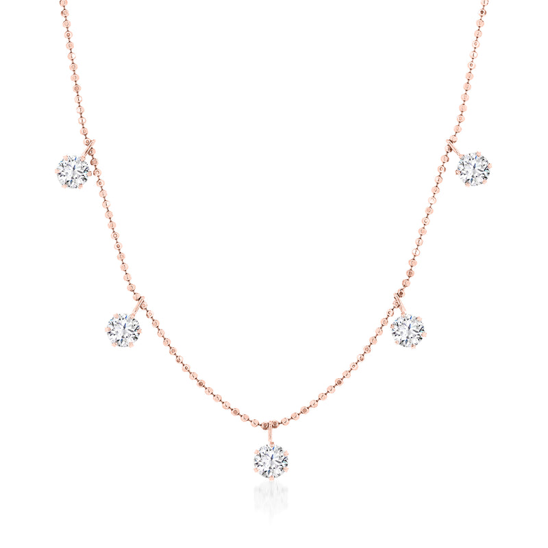 18kt rose gold diamond five-stone dangle necklace with five round sparkle stones