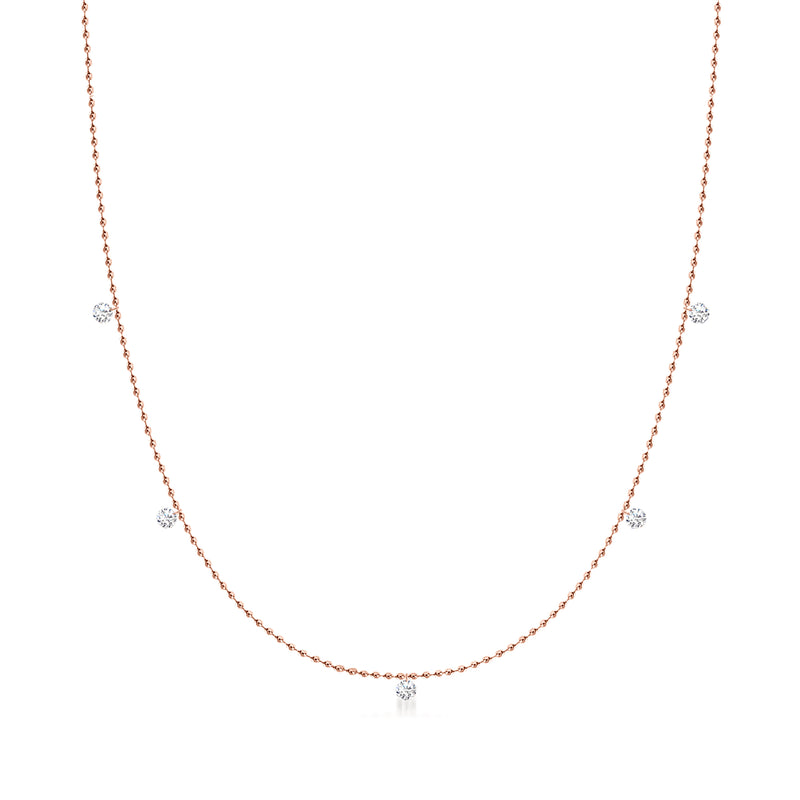 18kt rose gold diamond five-stone dangle necklace with thin chain and central drop