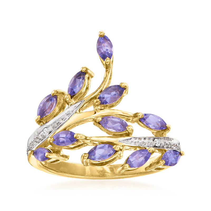 14kt yellow gold leaf-vine ring with oval purple gemstones, open-work design