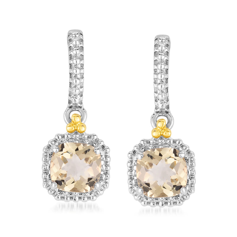 Sterling silver drop earrings with yellow quartz cushion and halo, post backs