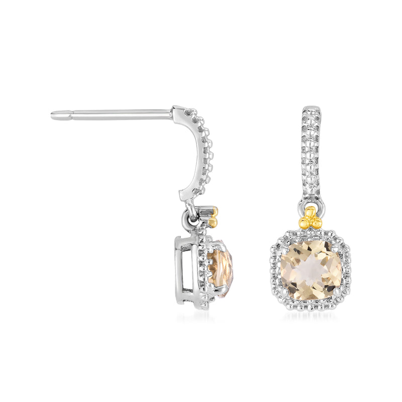 Sterling silver drop earrings with yellow quartz cushion, side view, gold accent post
