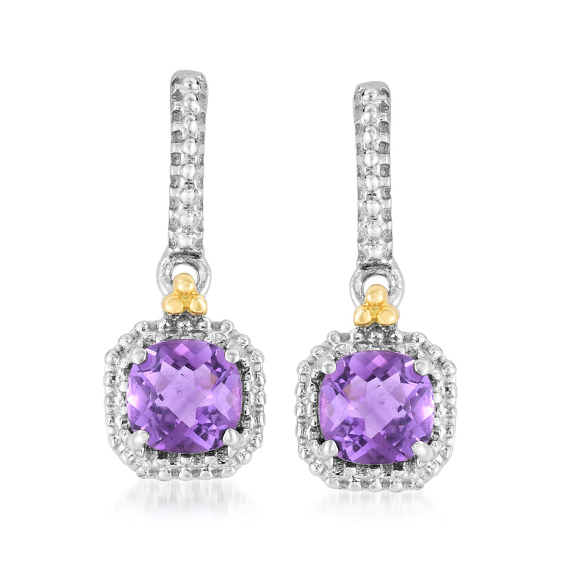 Sterling silver amethyst cushion drop earrings with yellow gold accents, stud backs