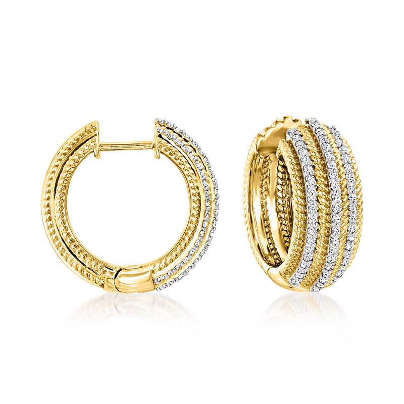 Diamond striped hoop earrings in 14k yellow gold, open and closed views