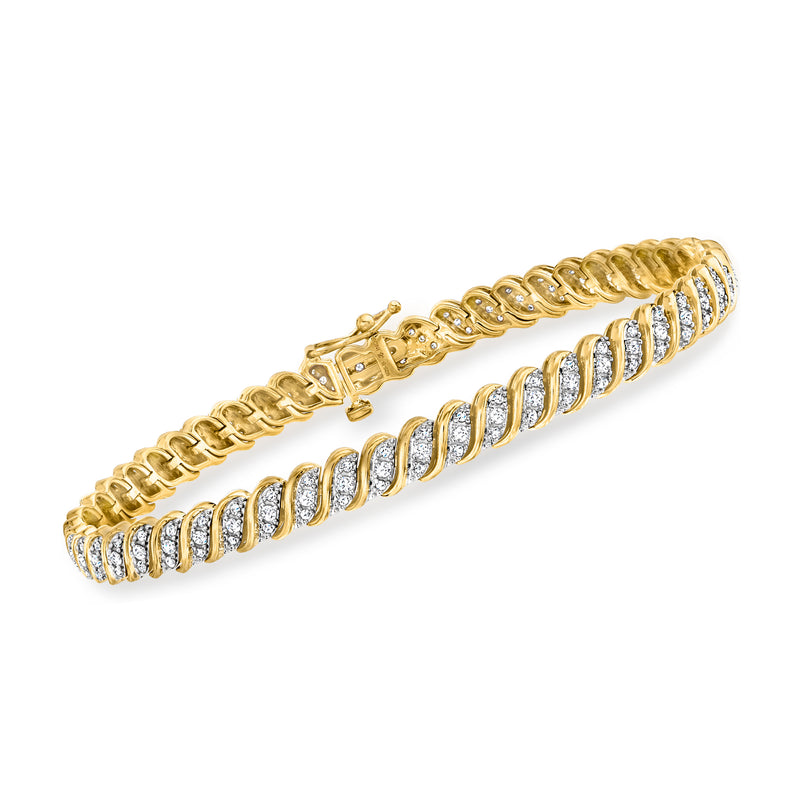 Twisted-link diamond tennis bracelet in 18kt gold over sterling with white stone rows