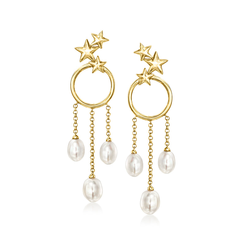 Gold drop earrings with star charms and white cultured pearl dangles