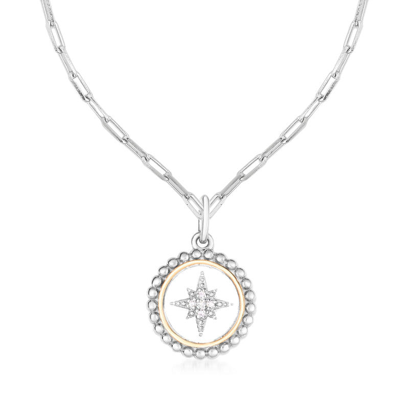 Sterling silver pendant necklace with round star centerpiece in 18kt yellow gold