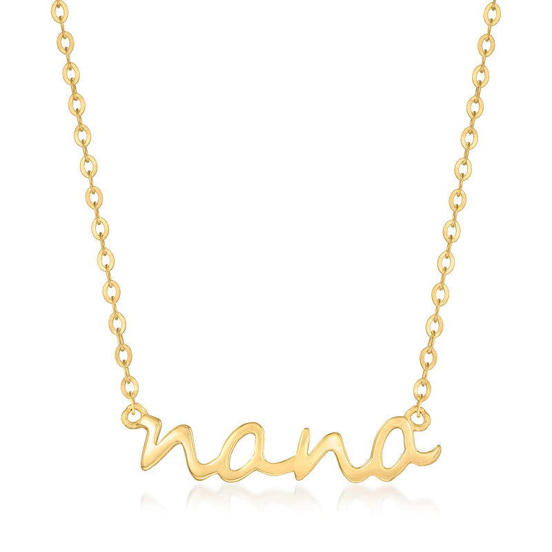14kt yellow gold cursive Nana pendant necklace, round link chain