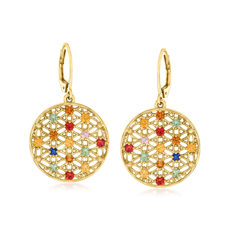 Multicolored sapphire drop earrings, round filigree with tiny multicolor stones, leverback
