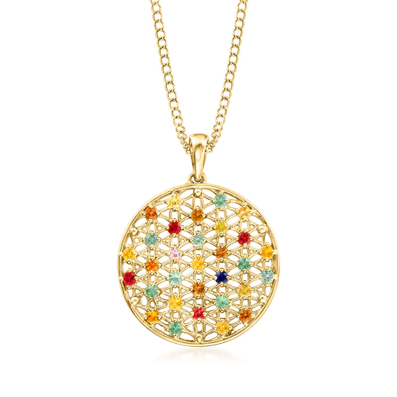 Round multicolored sapphire pendant necklace in gold-tone, round filigree disc