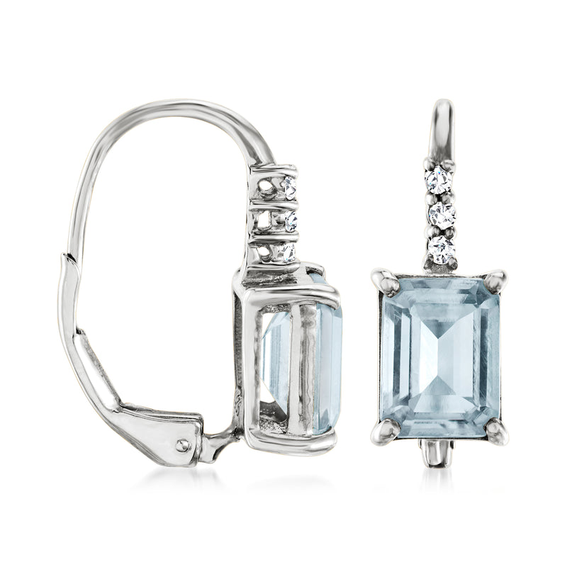 Sterling silver leverback drop earrings with sky blue rectangular topaz and white stones