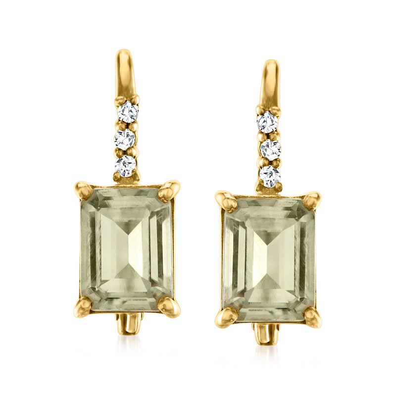 Gold leverback drop earrings with green prasiolite center stone and white topaz accents