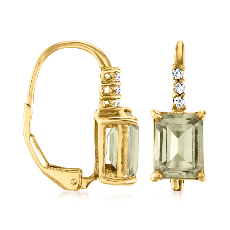 Gold leverback drop earrings with green emerald-cut stone and three white topaz accents