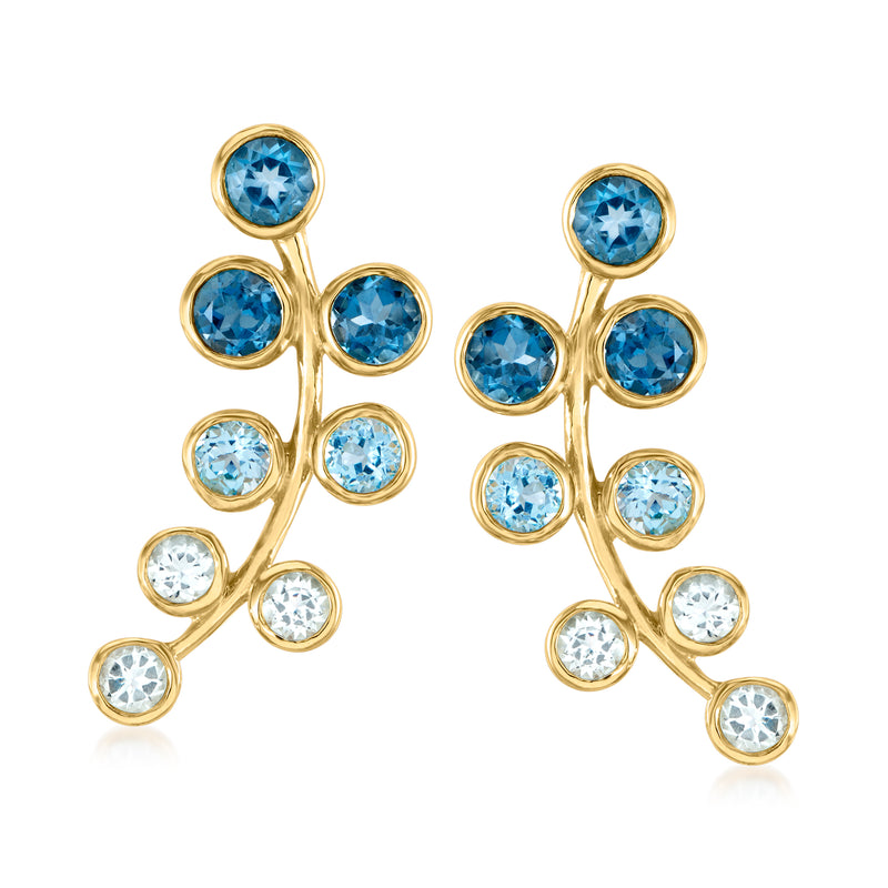 Gold drop earrings with blue round stones and light blue accents, cluster design