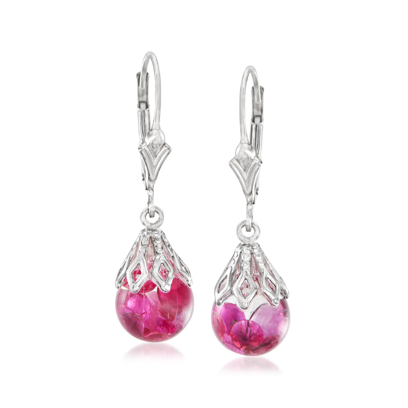 Sterling silver leverback ruby teardrop drop earrings with pink-red gemstone and prong set details