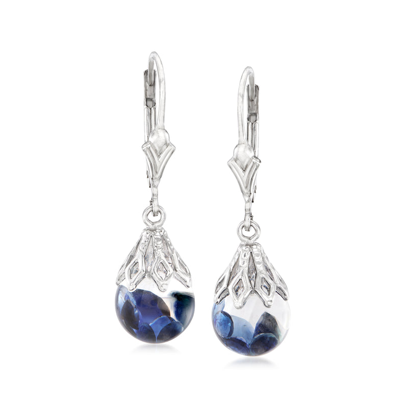 Sterling silver leverback drop earrings with blue floating sapphire teardrop stones