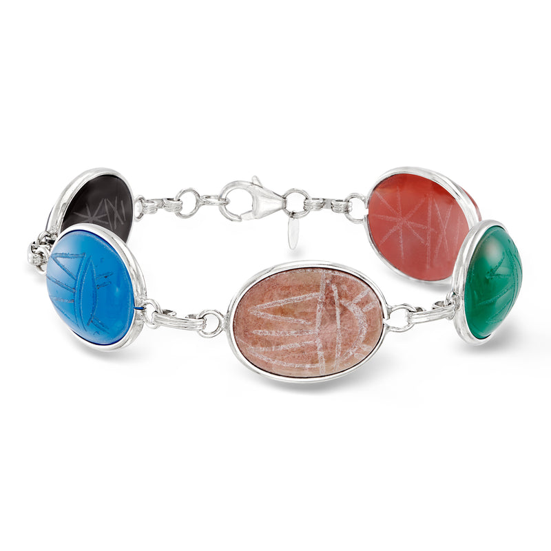 Sterling silver scarab bracelet with oval multi-gem cabochons in blue, orange, green