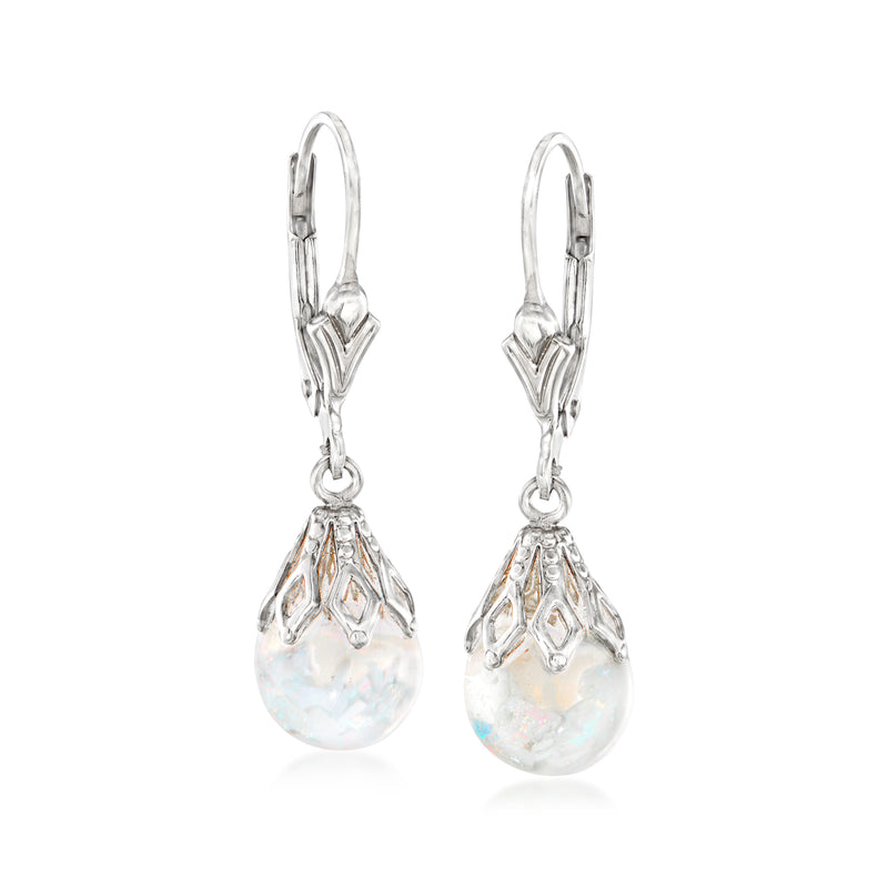 Sterling silver opal drop earrings with leverback closures, teardrop