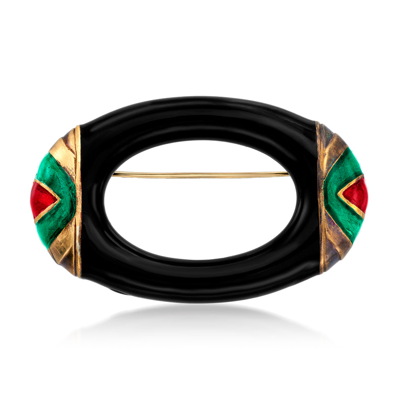 Vintage oval enamel pin with black center and green red multicolor accents, gold edges