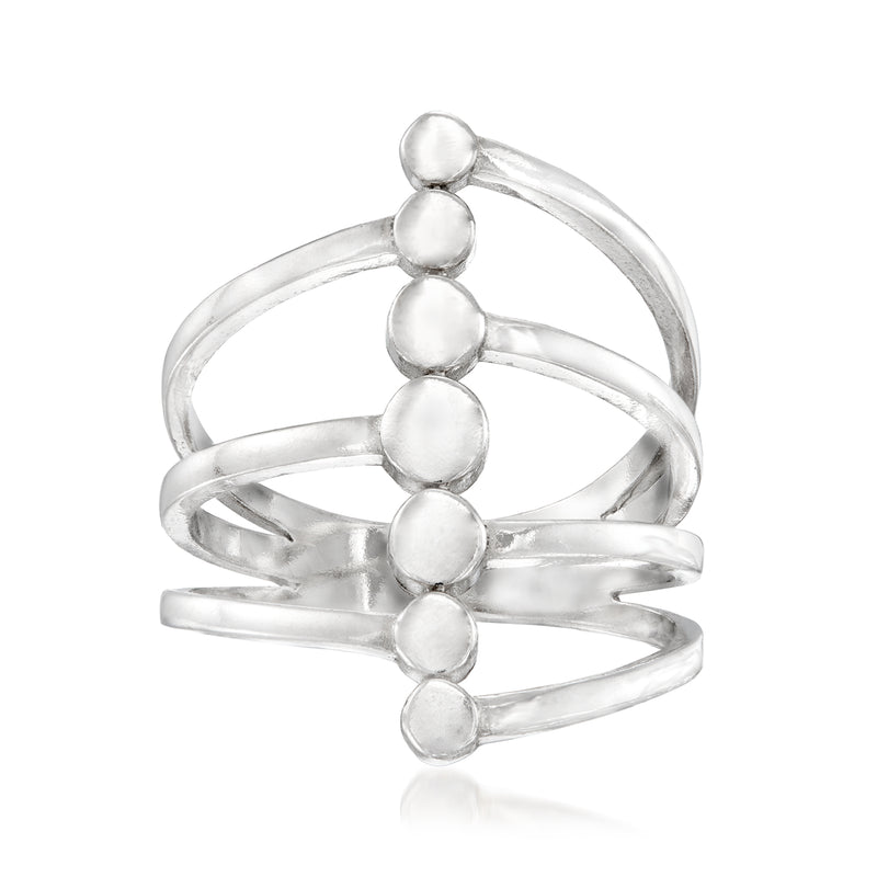 Silver stacked dot ring with five round domed beads on crisscross bands