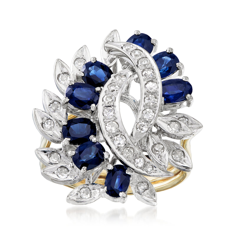 Vintage two-tone gold ring with blue sapphire and diamond cluster, openwork setting