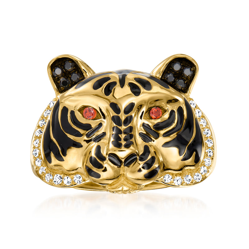 Gold tiger ring with black enamel, red gem eyes, and diamond-like side stones