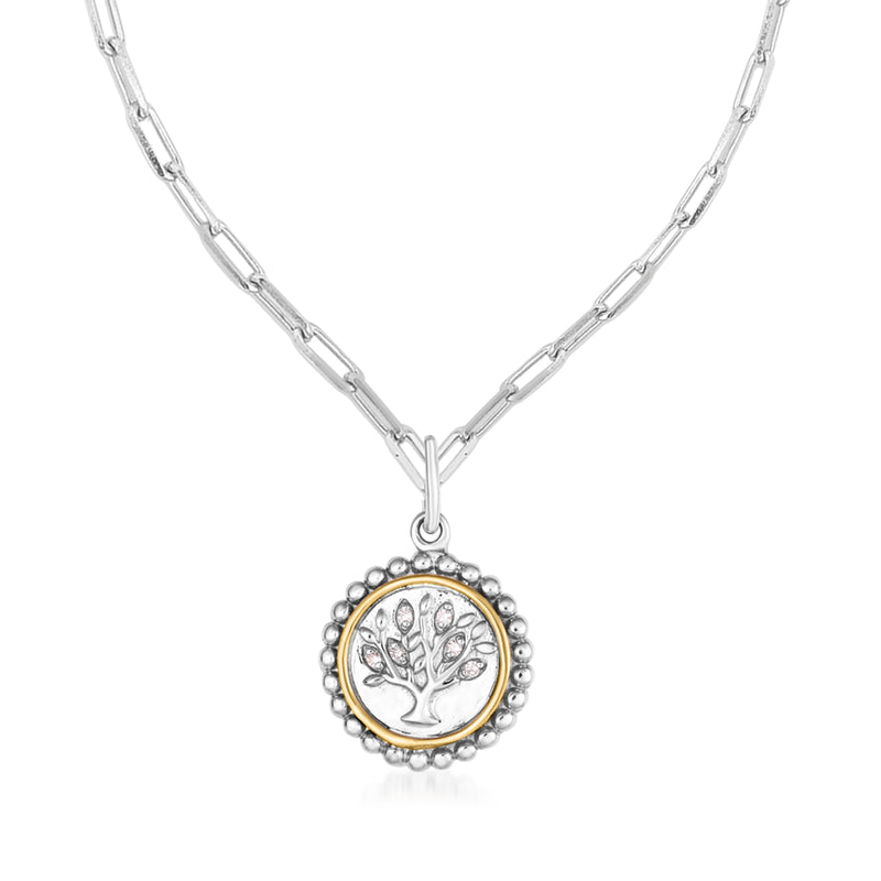 Sterling silver pendant necklace with round Tree of Life charm in yellow-gold accents