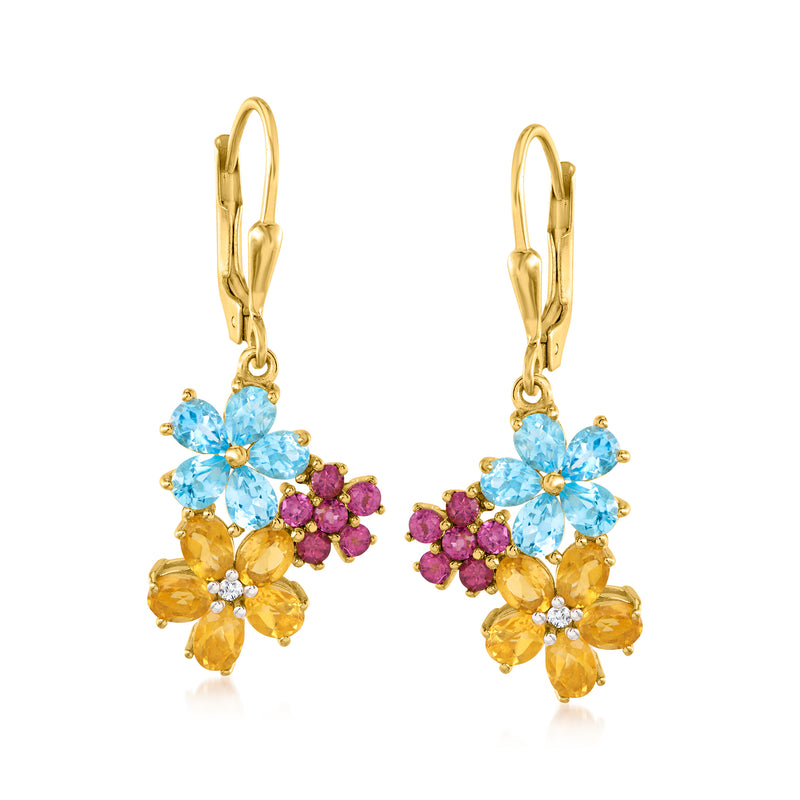 Gold over sterling flower drop leverback earrings with blue, purple, and yellow gemstones