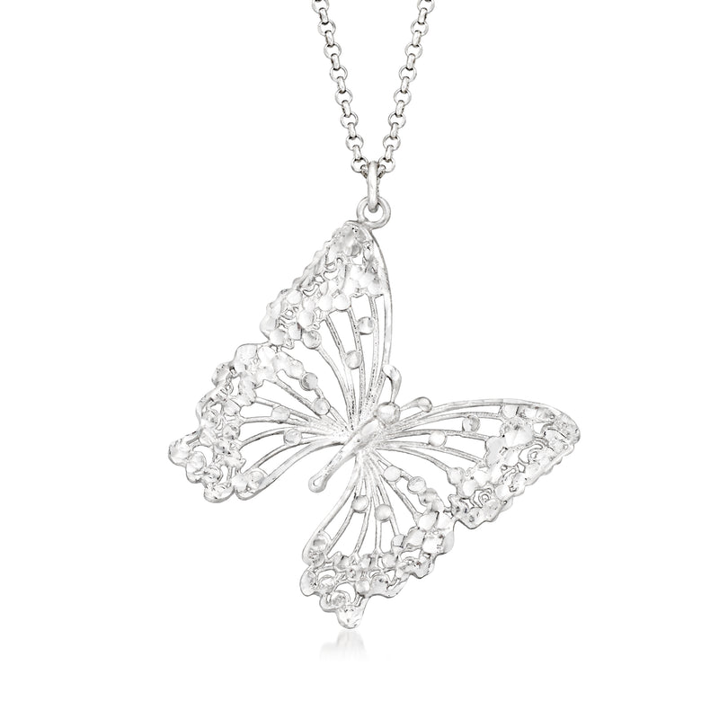 Sterling silver butterfly pendant necklace with openwork wings on a link chain.