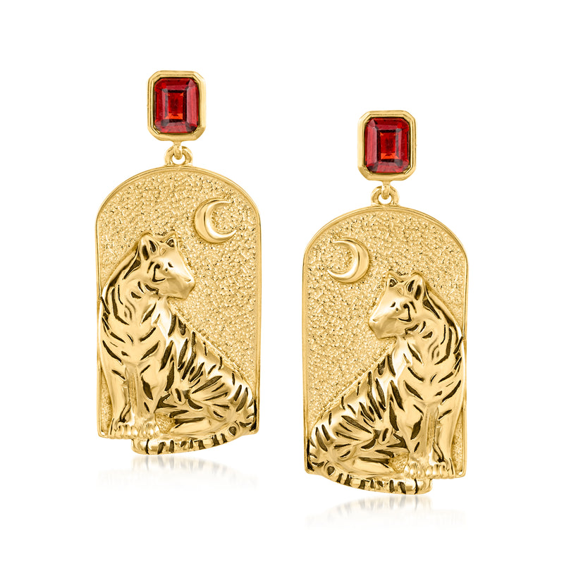 Gold tiger-and-moon drop earrings with garnet square stones, bezel settings