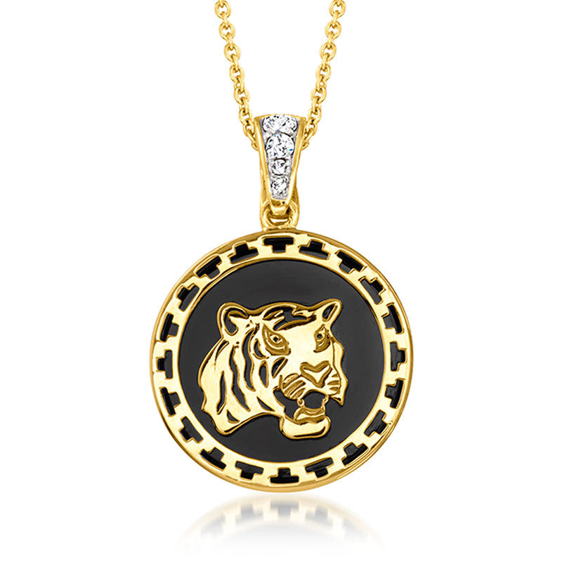 Gold-tone round tiger pendant necklace with black gemstone inlay and white accents
