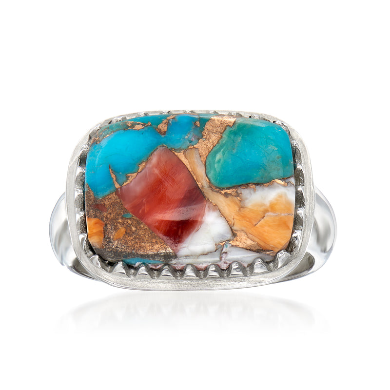 Sterling silver ring with turquoise and multicolored stone inlay, oval setting